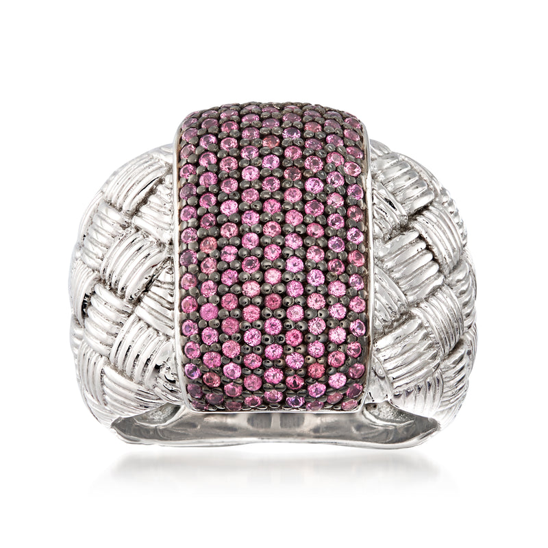 Sterling silver braided ring with pink rhodolite garnet pave center
