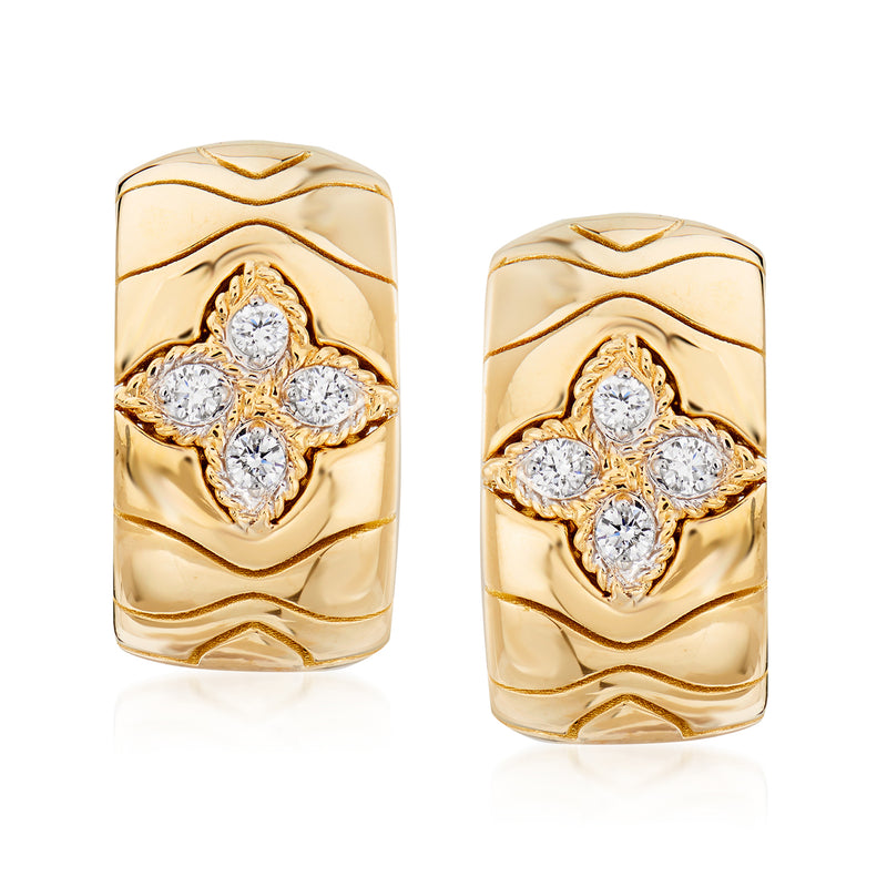 18kt yellow gold diamond hoop earrings with flower cluster and engraved geometric band