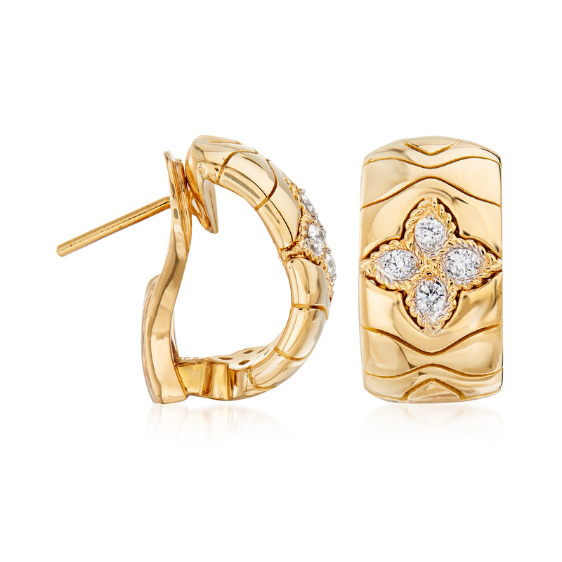 18kt yellow gold diamond hoop earrings with sculpted floral design and hinge clasp