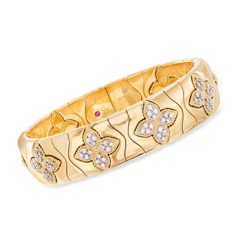18kt yellow gold diamond flower bangle bracelet with four butterfly-shaped motifs