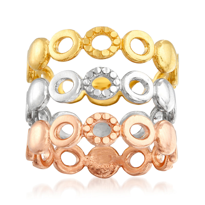 Tri-colored sterling silver stackable ring set with gold, silver, and rose bands