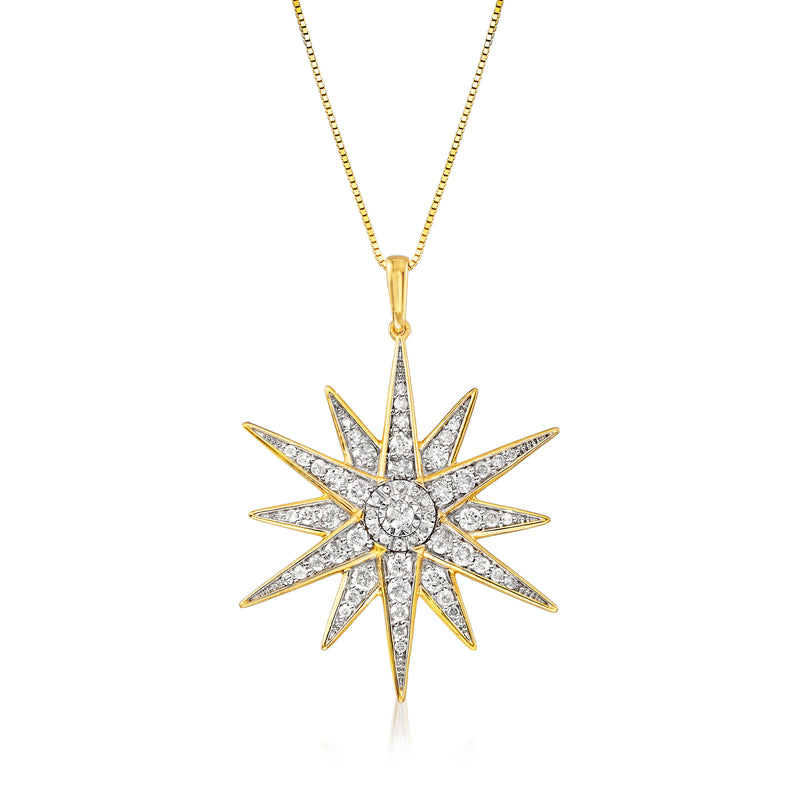 Gold starburst pendant necklace with round center stone and prong-set rays