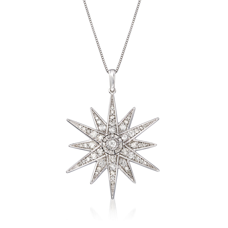 Sterling silver diamond starburst pendant necklace with round center stone and radiating rays