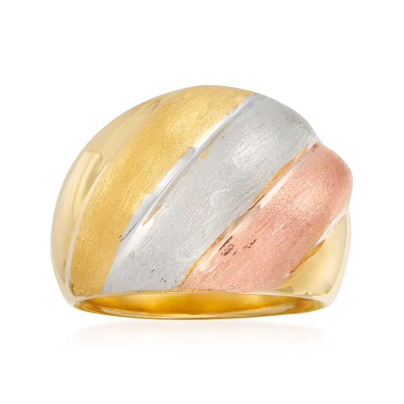 Italian Andiamo 14kt tri-colored gold ring with gold, silver, and rose-gold curved bands