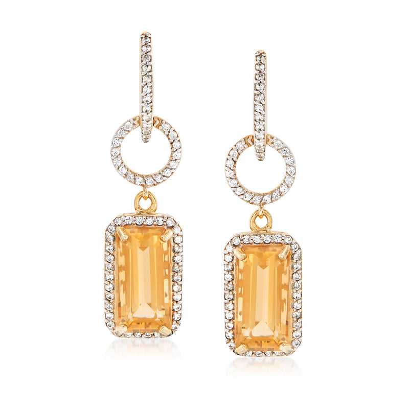 Gold-tone citrine and white zircon drop earrings: round halo, rectangular yellow stone
