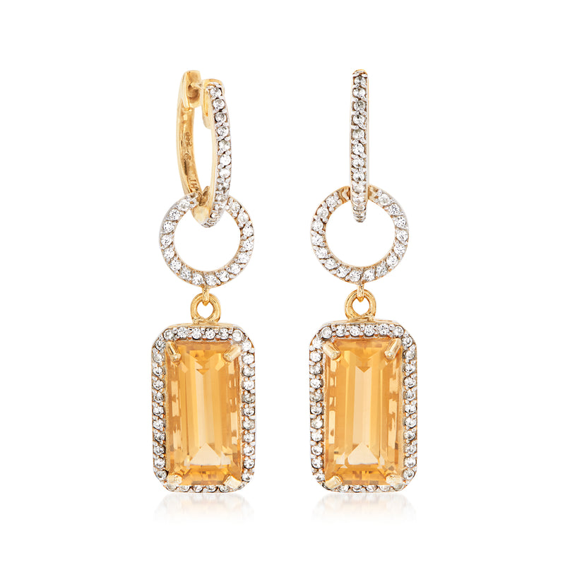 Gold-tone citrine and white zircon drop earrings, angled view: round halo and rectangular gem