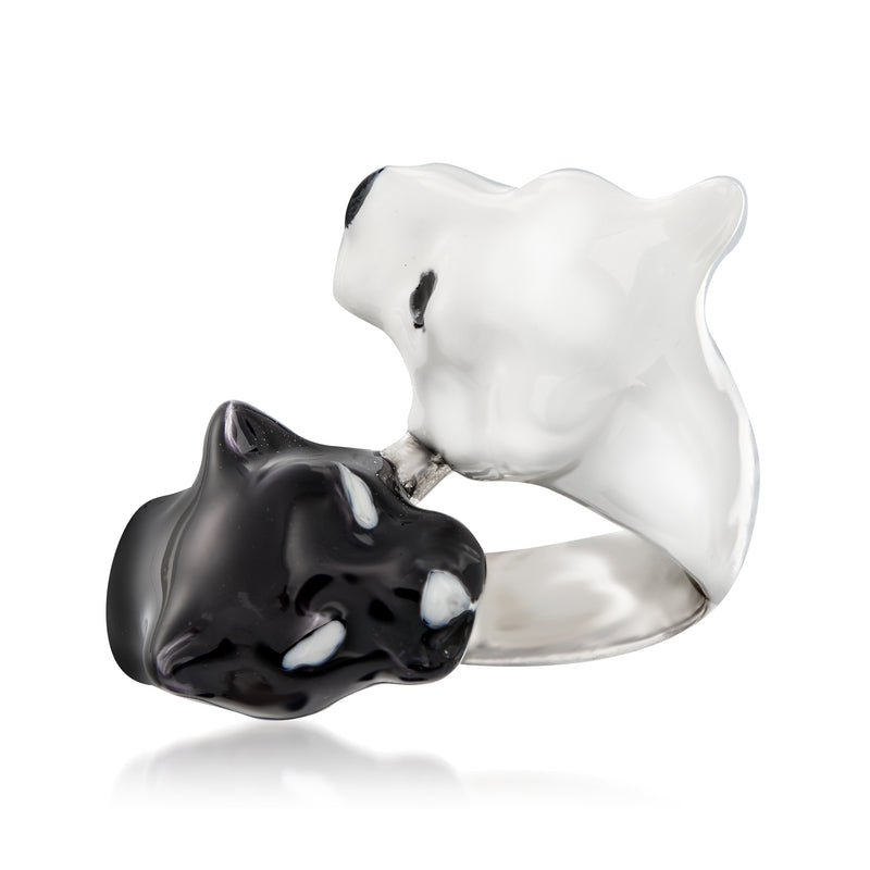 Panther bypass ring in sterling silver with black and white enamel heads