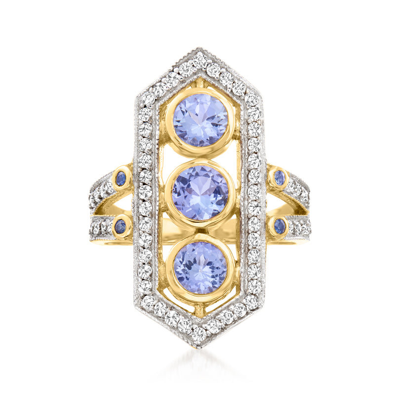 Gold-tone ring with three oval lavender stones, zircon halo, blue sapphire side accents