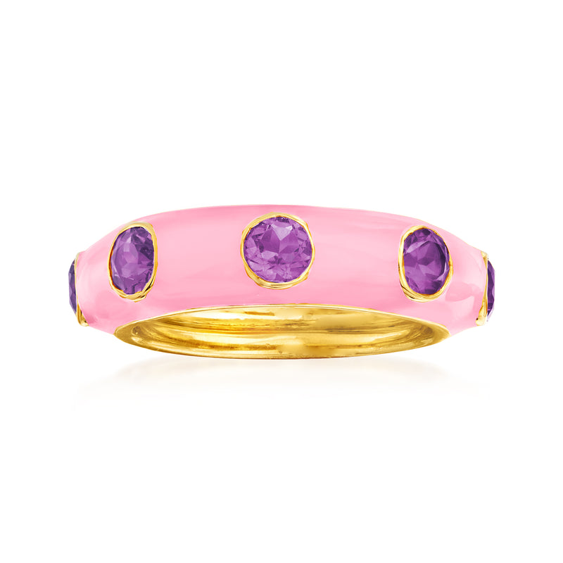 Gold-tone enamel ring with pink top and three amethyst-colored oval stones