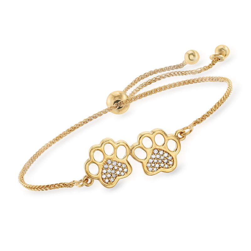 Diamond paw print bolo bracelet in 18kt gold over sterling with two pavé paw charms