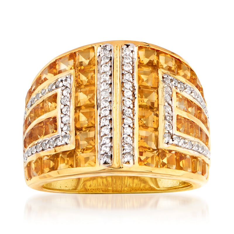Citrine and white zircon geometric ring in 18kt gold over sterling