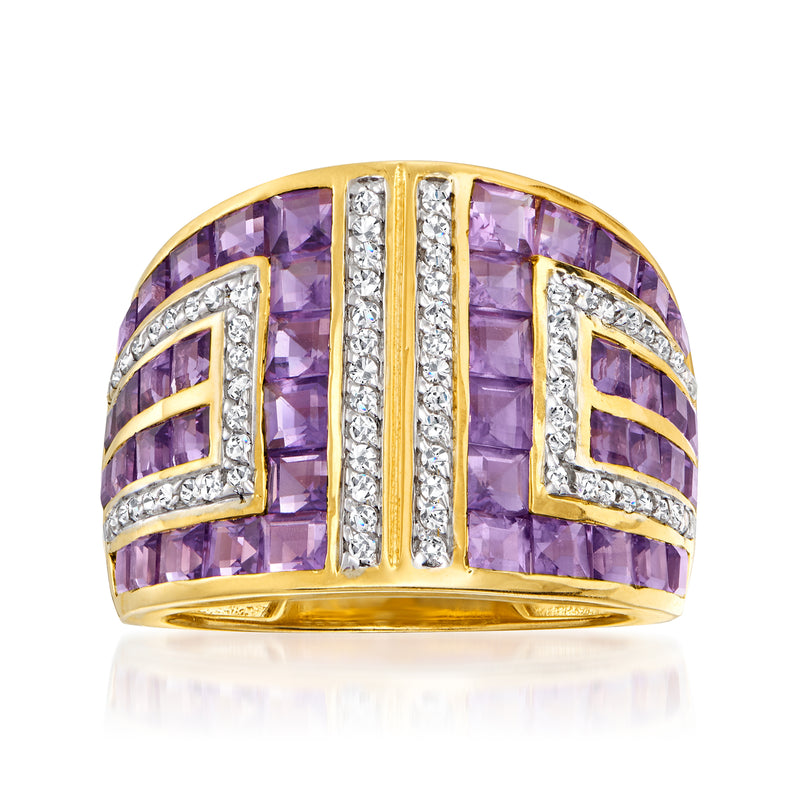 Gold-tone geometric ring with purple amethyst squares and white zircon accents