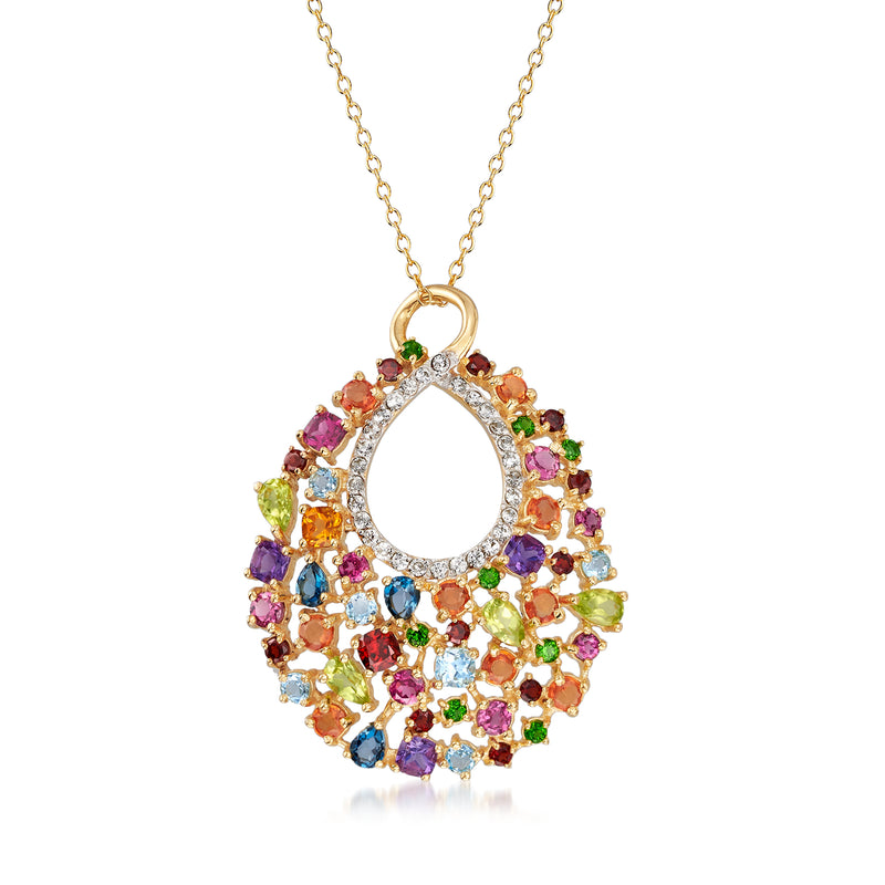 Multicolored gemstone pendant necklace with gold chain and oval halo pendant