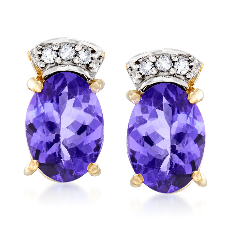 Tanzanite stud earrings, oval purple gemstone with diamond-like halo and yellow-gold posts