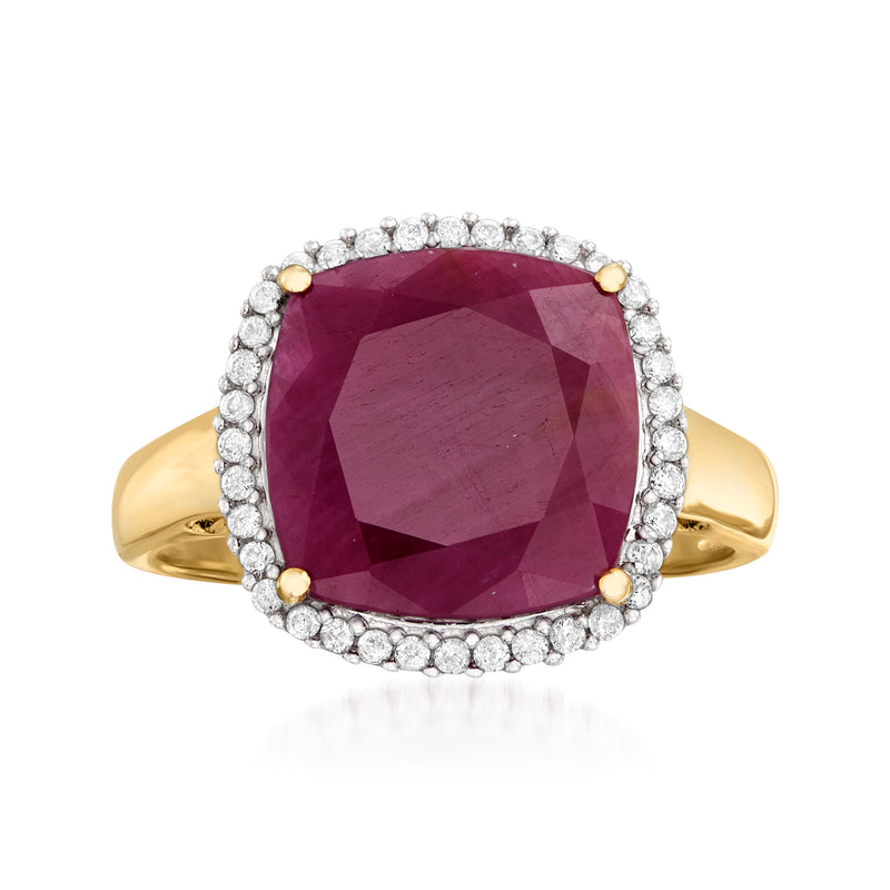 14kt yellow gold ring with large maroon ruby and round diamond halo