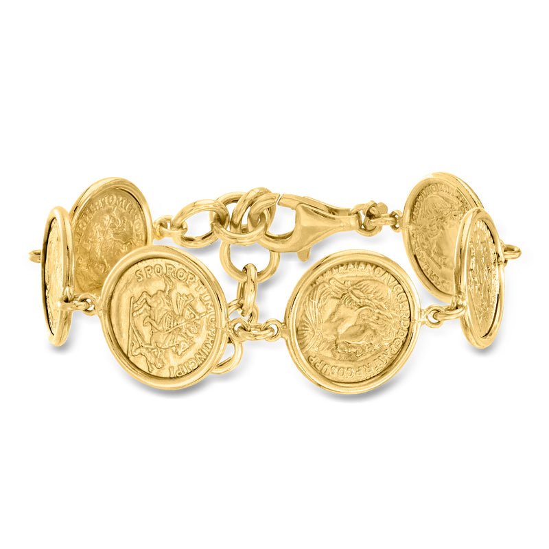Gold-tone coin medallion bracelet with link chain and toggle clasp