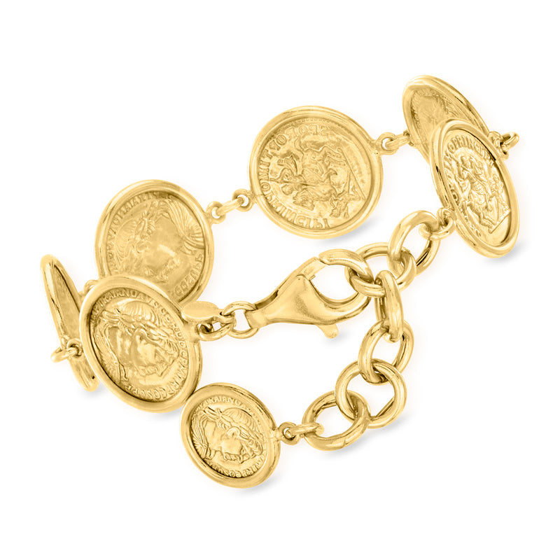 Gold-tone coin medallion bracelet with round coin charms on chain links