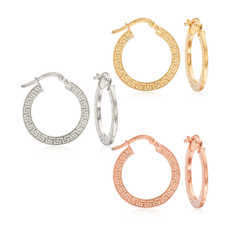 Tri-colored sterling silver hoop earring set with Greek key pattern, three pairs