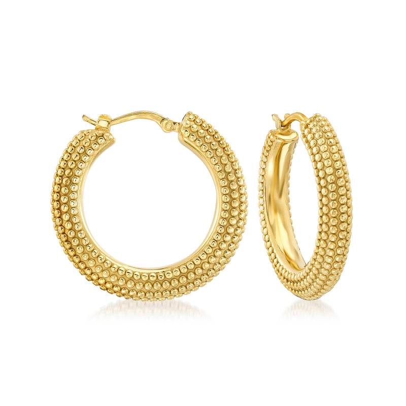18kt gold over sterling beaded hoop earrings, textured gold hoop with hinged clasp
