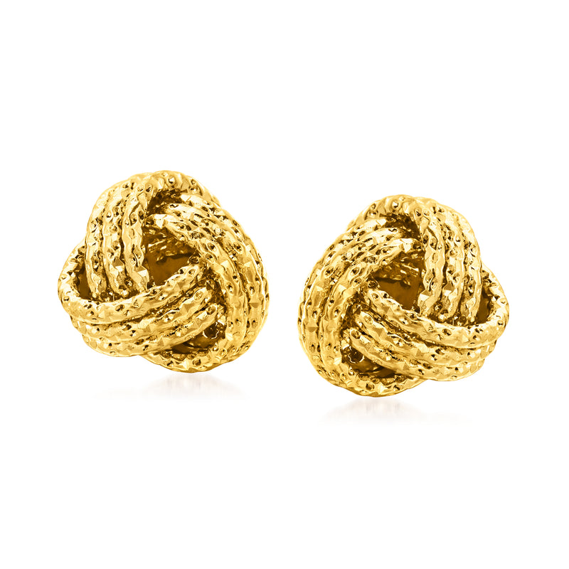 14kt yellow gold love knot stud earrings with textured swirl knot design