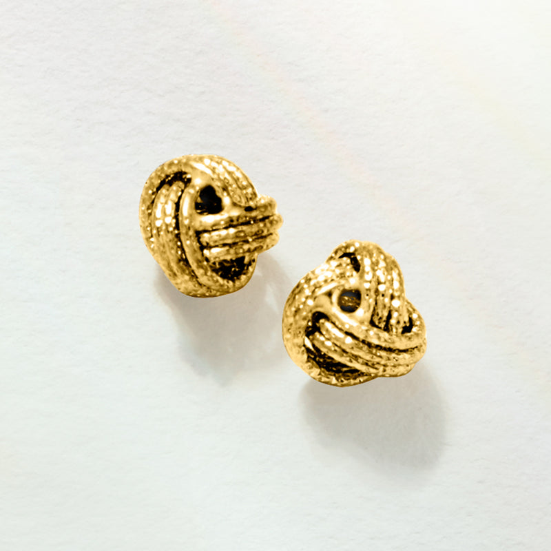 14kt yellow gold love knot stud earrings, round textured knot design