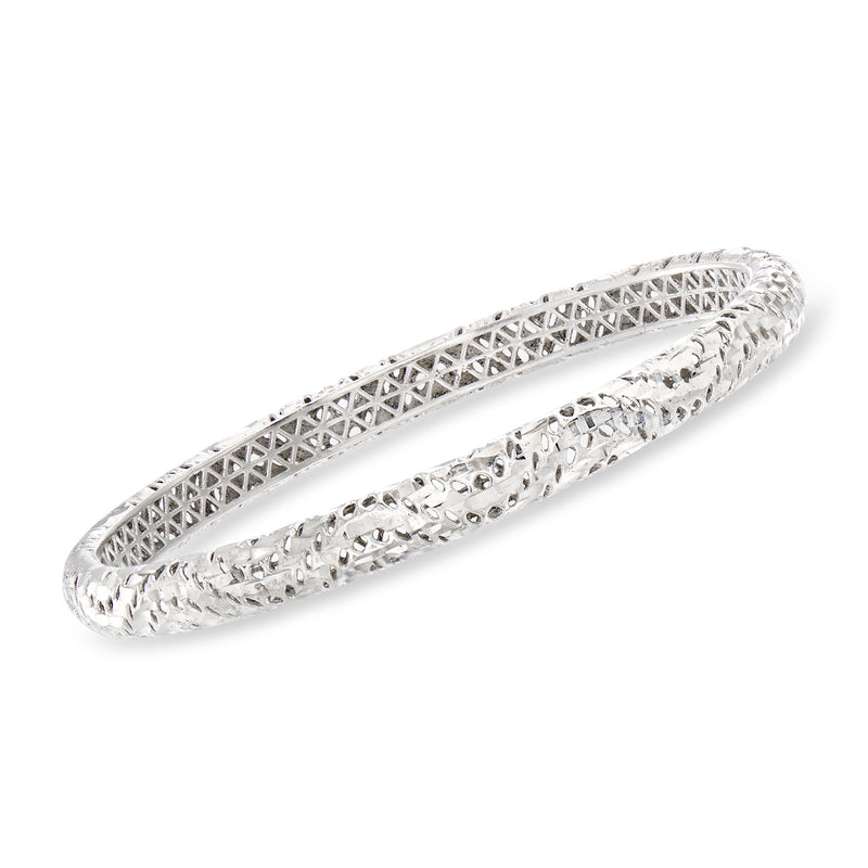 Sterling silver textured polished bangle bracelet with diamond lattice and rope borders