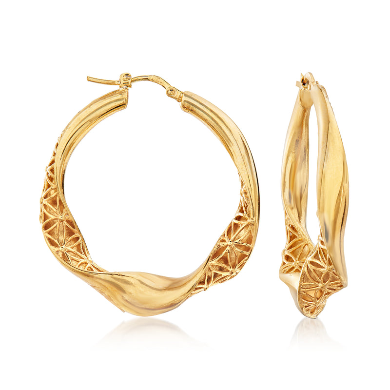 Gold-tone twisted filigree hoop earrings with hinged clasp, oval hoop pair