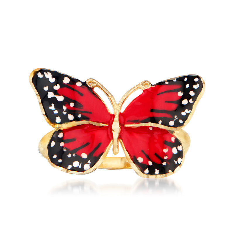 18kt yellow gold butterfly ring with red, black, and white enamel wings