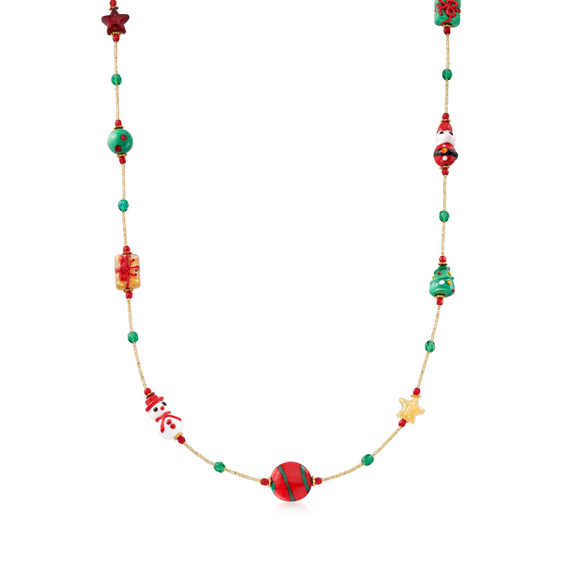 Multicolored Murano glass bead Christmas necklace with red, green, and star charms