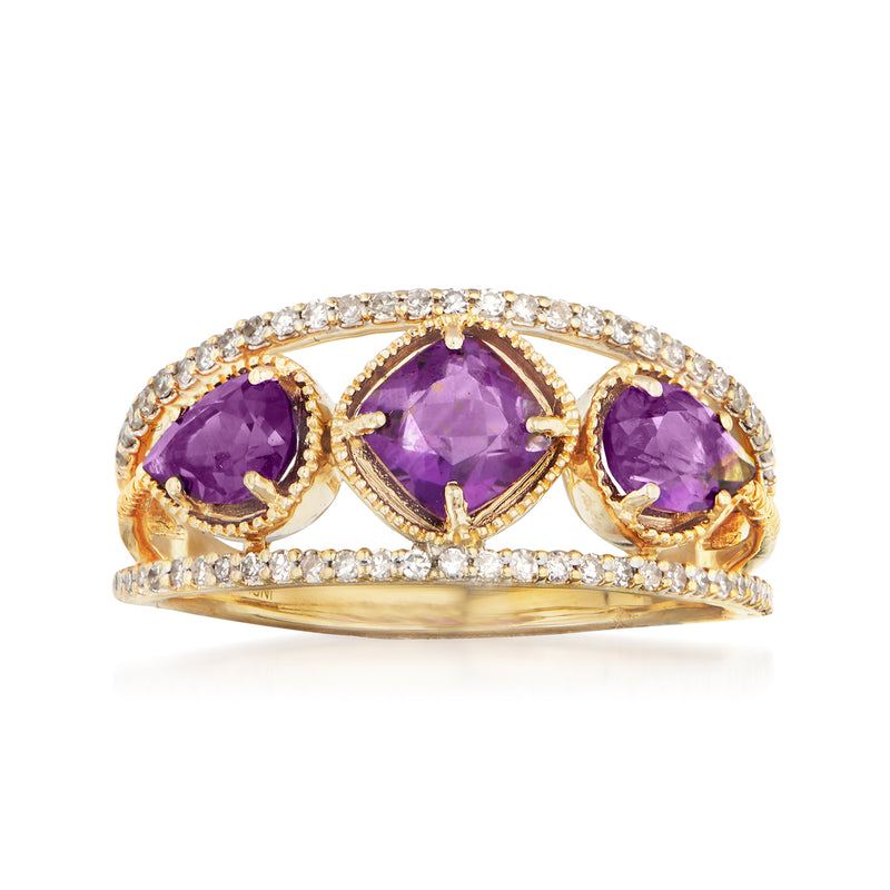 14kt yellow gold ring with amethyst stones and diamond accents