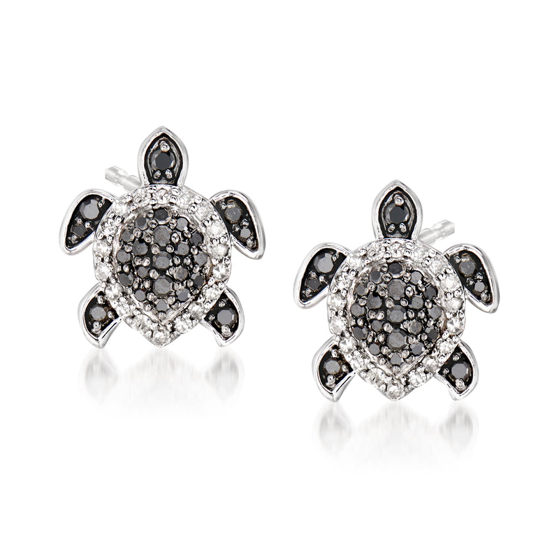 Sterling silver turtle stud earrings with black and white diamond accents
