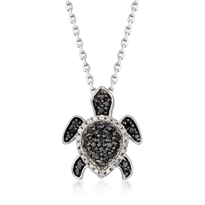Sterling silver turtle pendant necklace with black and white diamond accents
