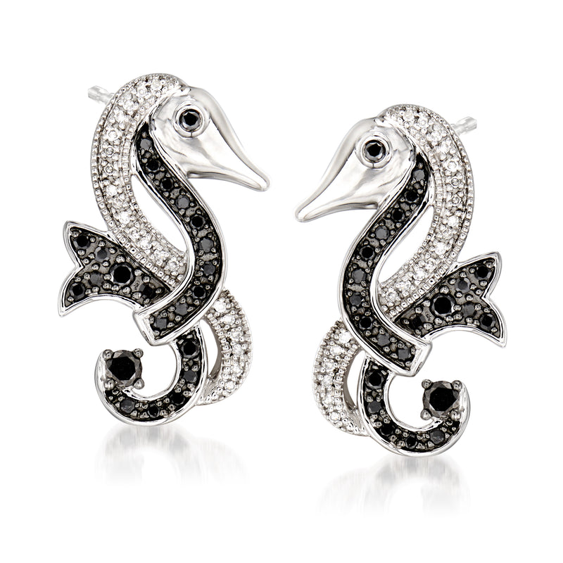 Sterling silver diamond seahorse post earrings with black and white stones
