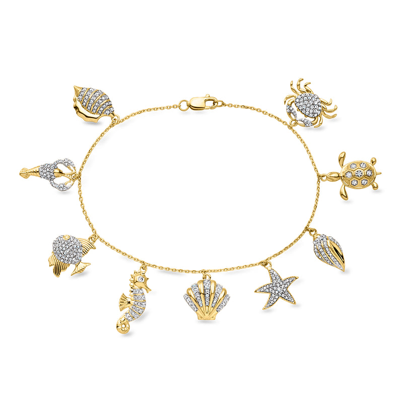 Gold over sterling sea life charm bracelet with diamond-like sparkle crab, turtle, shells