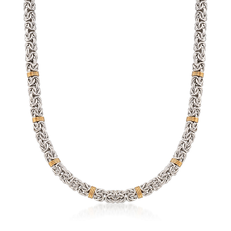 Sterling silver Byzantine chain necklace with 14kt yellow gold station links
