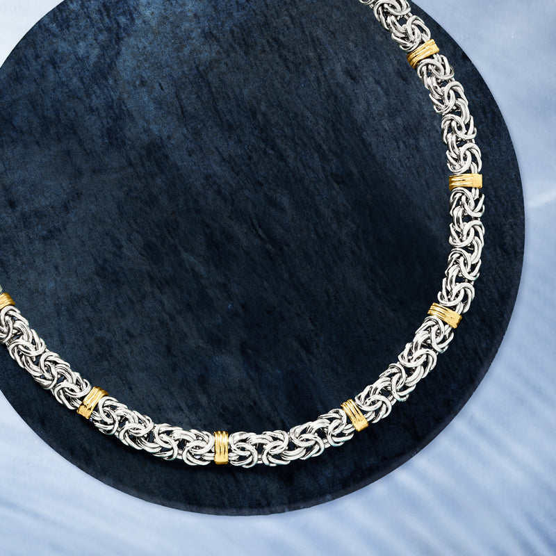 Byzantine chain necklace of sterling silver with yellow gold station links