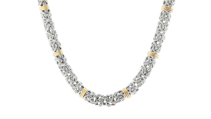 Sterling silver Byzantine chain necklace with gold station bars at intervals