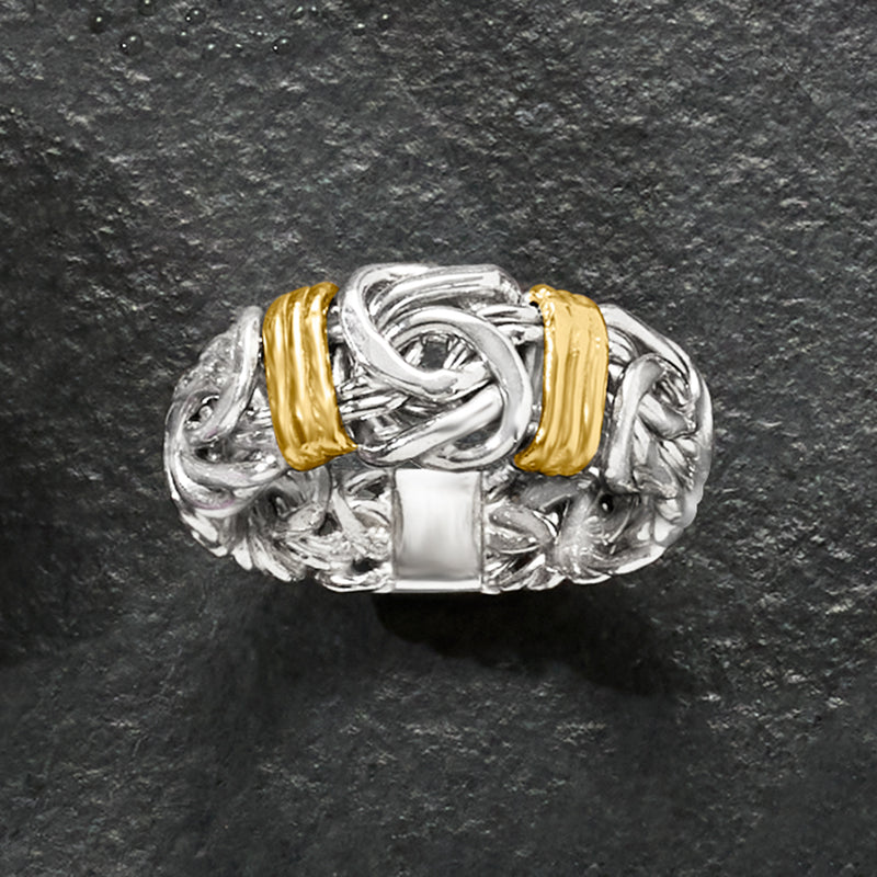 Sterling silver Byzantine station ring with two 14kt yellow gold accents, detailed links