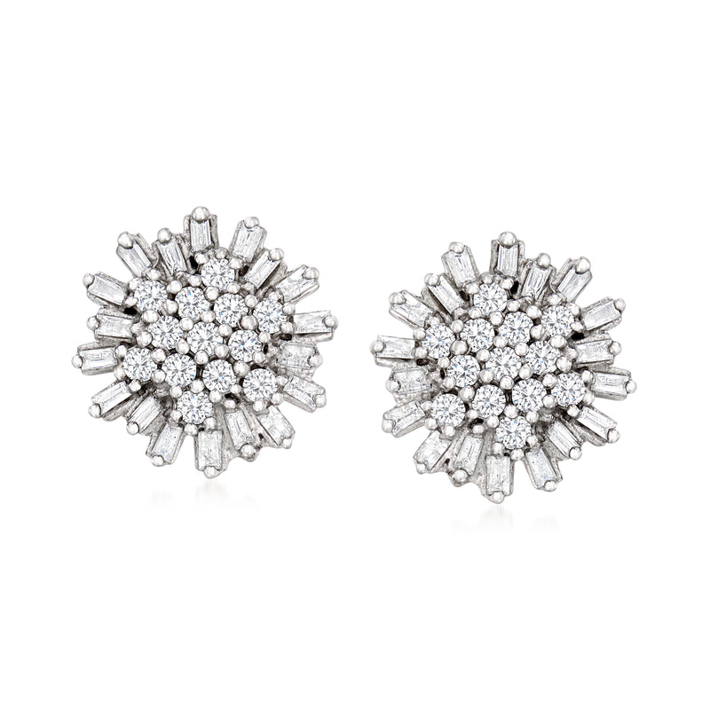 Sterling silver diamond cluster stud earrings with round and baguette stones