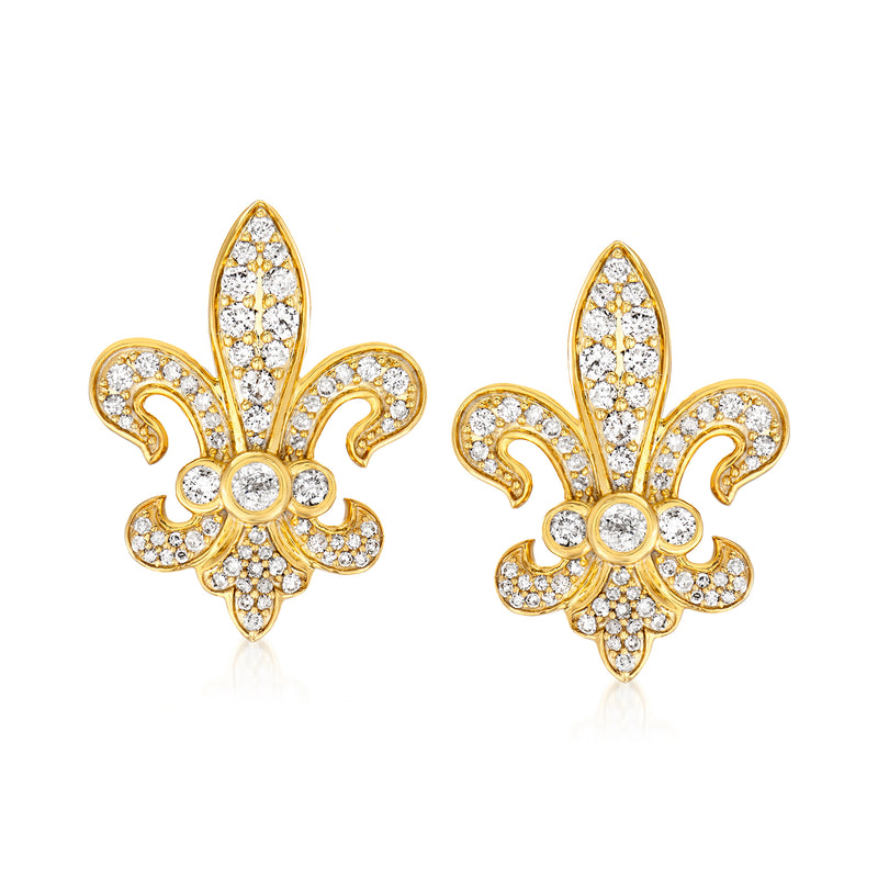18kt gold fleur-de-lis diamond stud earrings, small round stone clusters