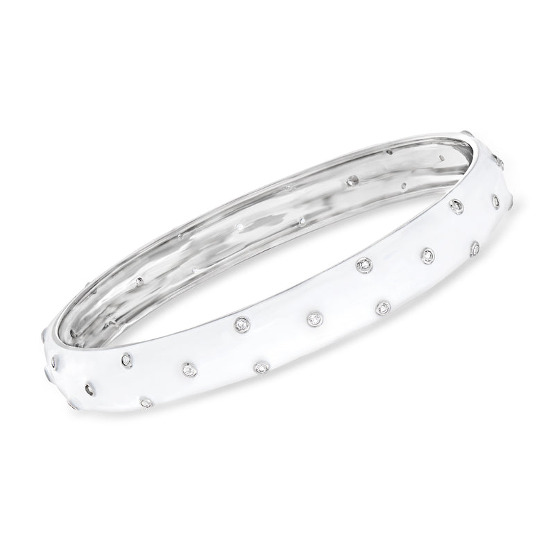 Sterling silver bangle with white enamel and clear stone polka-dot accents