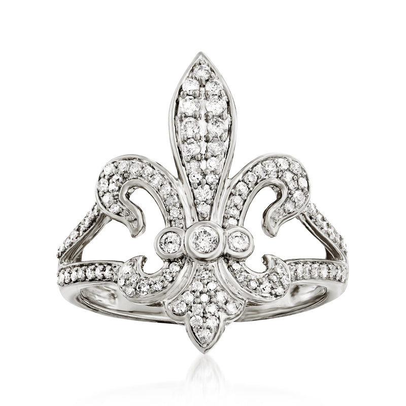 Sterling silver fleur-de-lis diamond ring with teardrop center and round stones