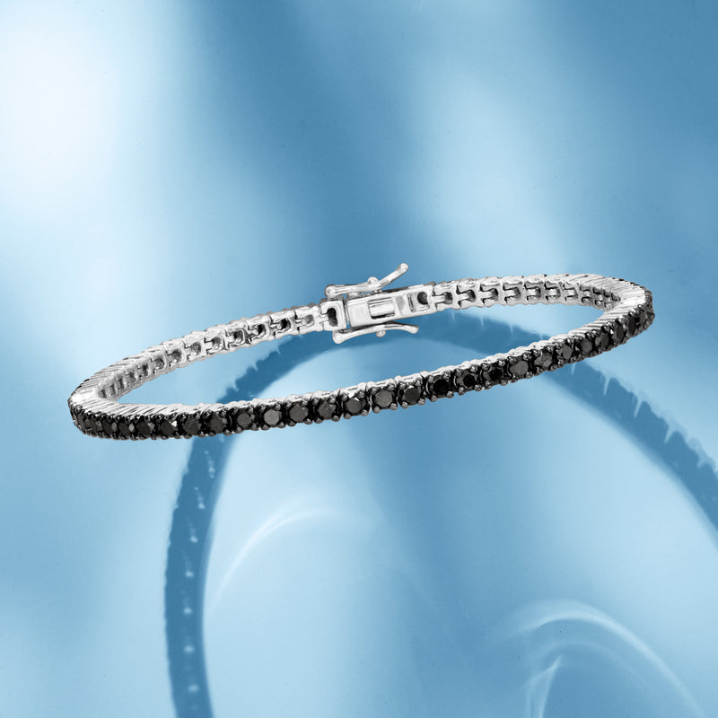 Black diamond tennis bracelet in sterling silver with hinged box clasp, side view