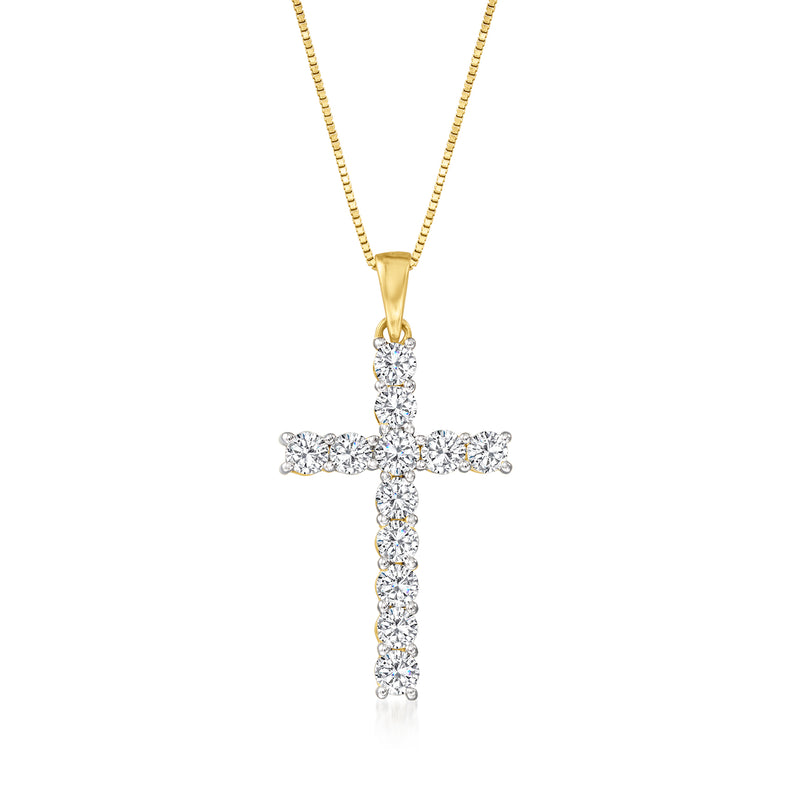 14kt yellow gold diamond cross pendant necklace with round diamond rows