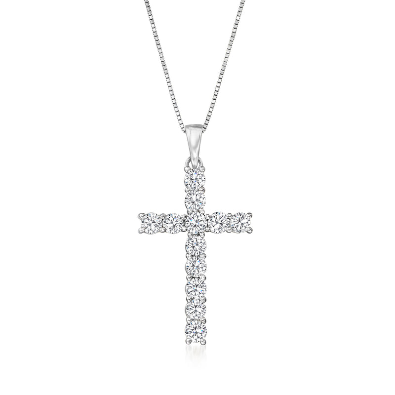 Diamond cross pendant necklace in 14kt white gold with prong-set stones