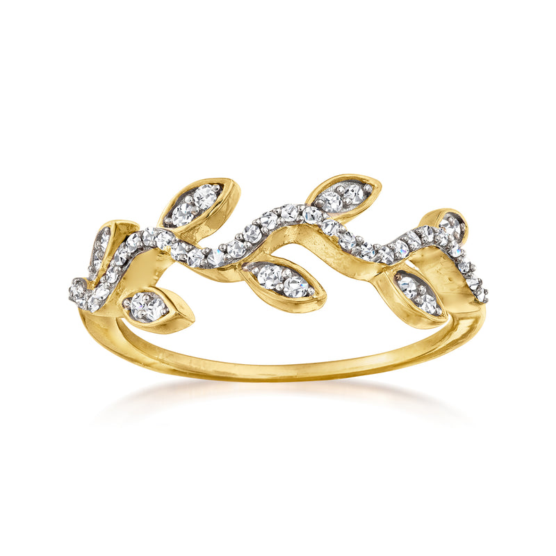 Diamond leaf ring in 18kt gold over sterling with pavé leaf and vine design