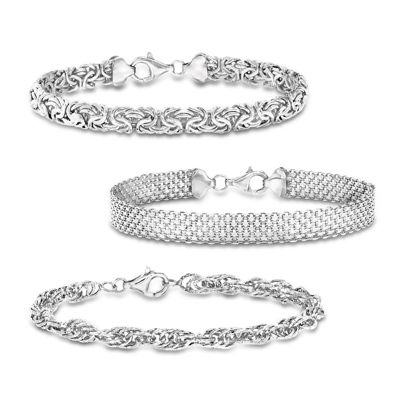 Sterling silver three-link bracelet set: ornate filigree and mesh chains with clasps