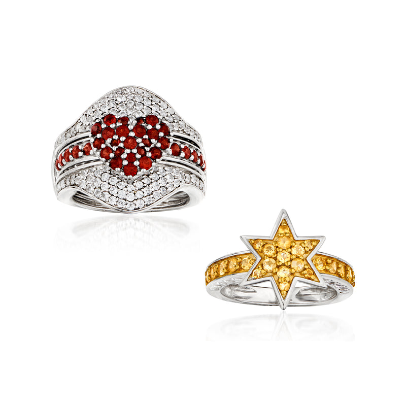 Interchangeable sterling silver ring set: red round gemstone ring and gold star ring
