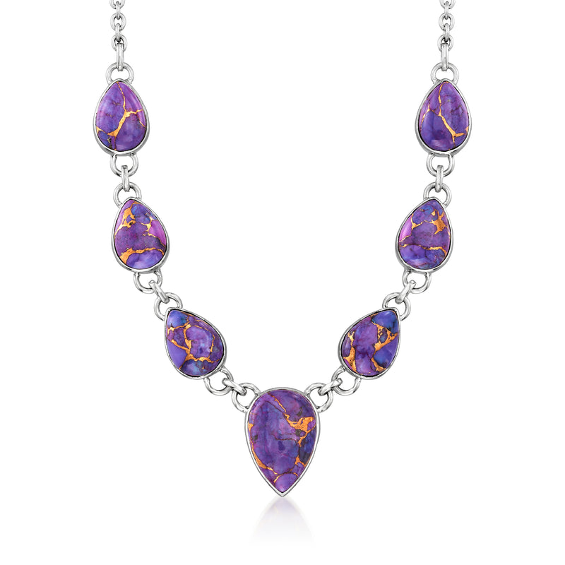 Sterling silver necklace with teardrop purple and purple-blue stone links