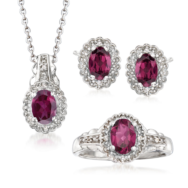 Sterling silver rhodolite garnet jewelry set with white topaz halo: necklace, earrings, ring